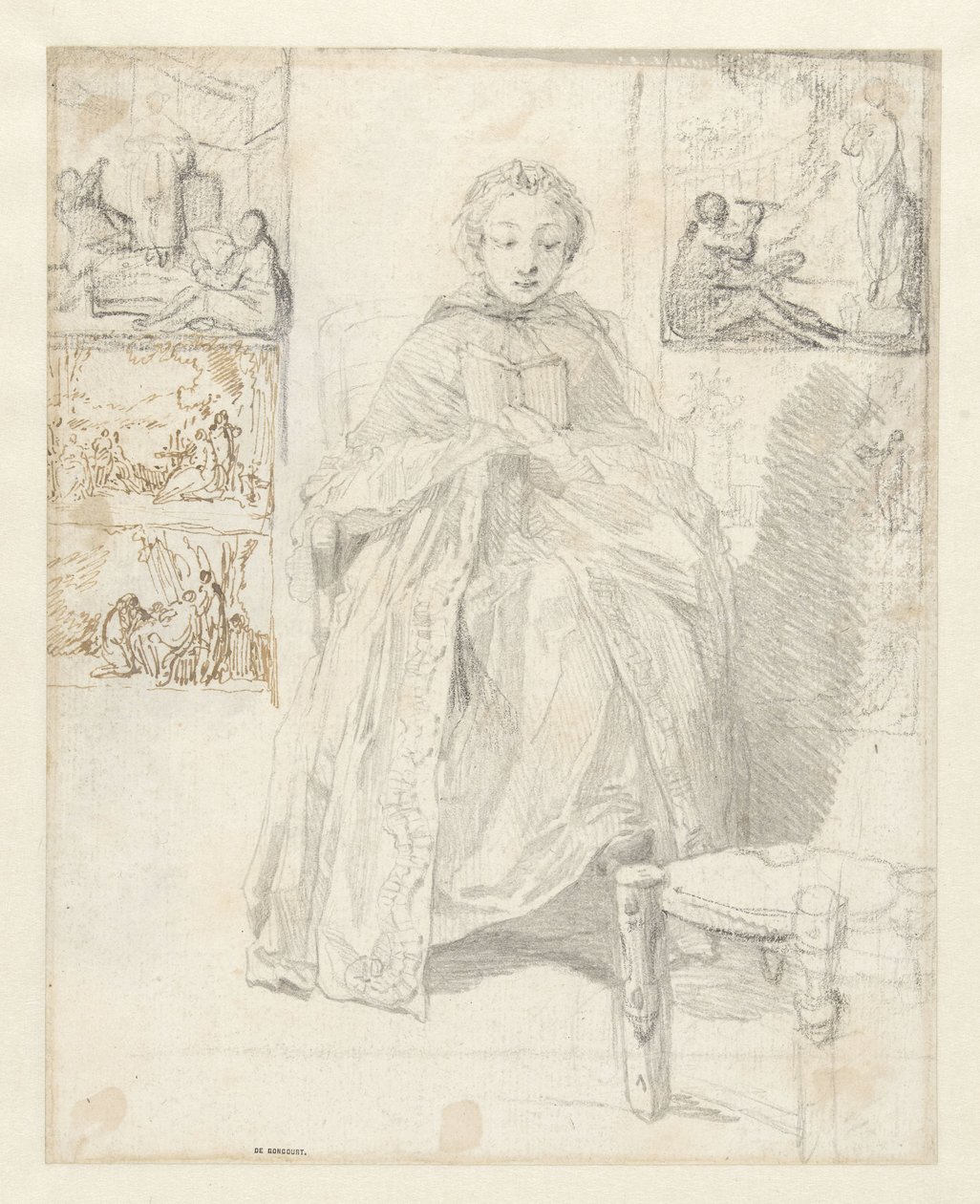 Studieblad med en läsande kvinna och några skisser av Gabriel Jacques de Saint Aubin