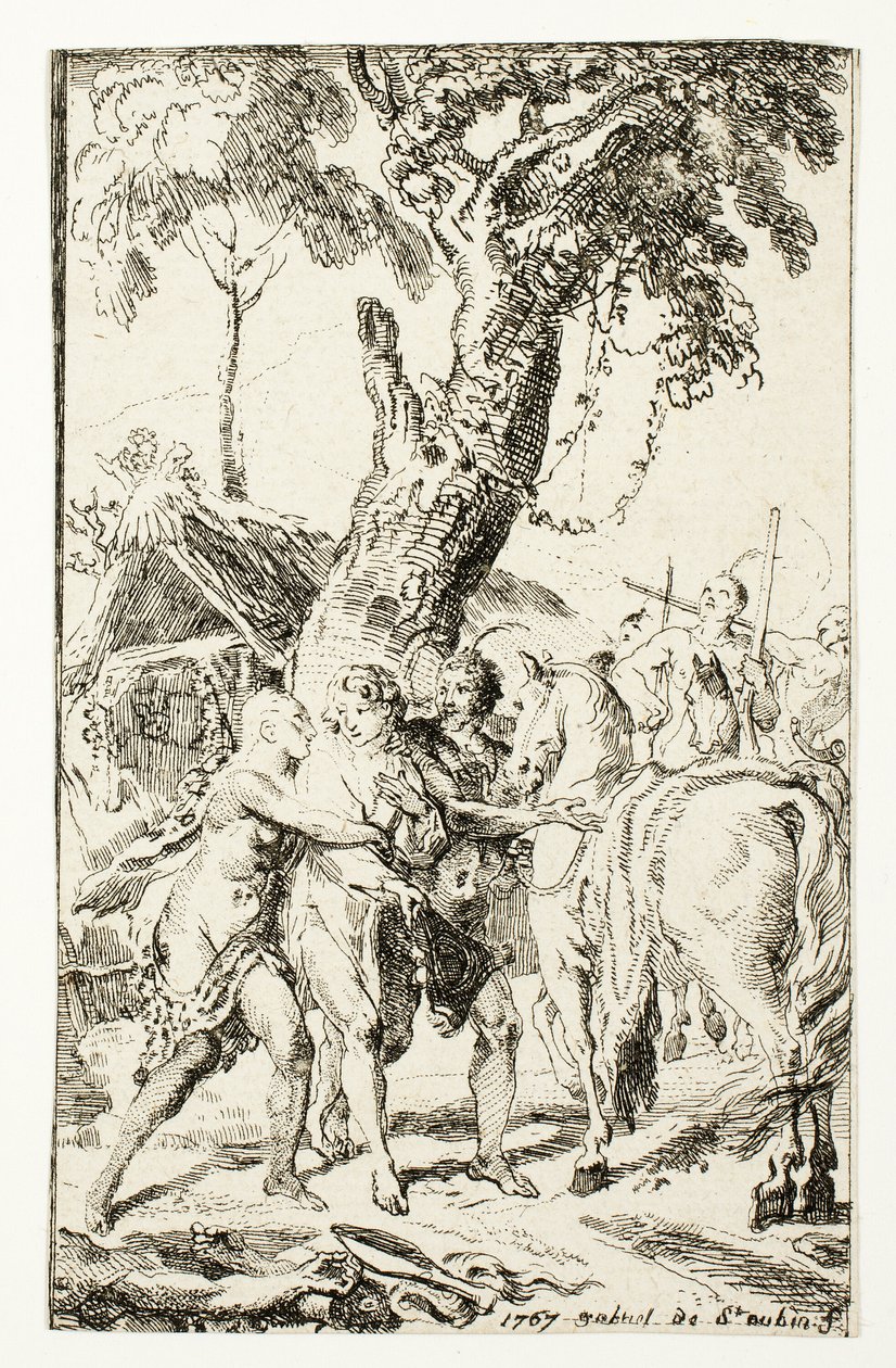 The Escape of M. de Belle-Isle, Prisoner in the Attakapas, skylt fyra från Les Nouveaux Voyages aux Indes Occidentales av Gabriel Jacques de Saint Aubin