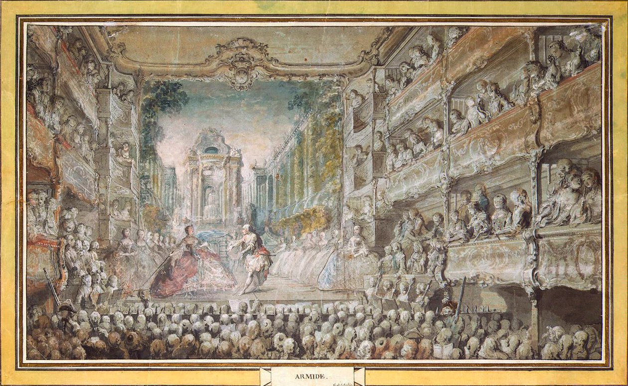 Föreställningen av Armida i Operahusets gamla auditorium, efter 1761. av Gabriel Jacques de Saint Aubin
