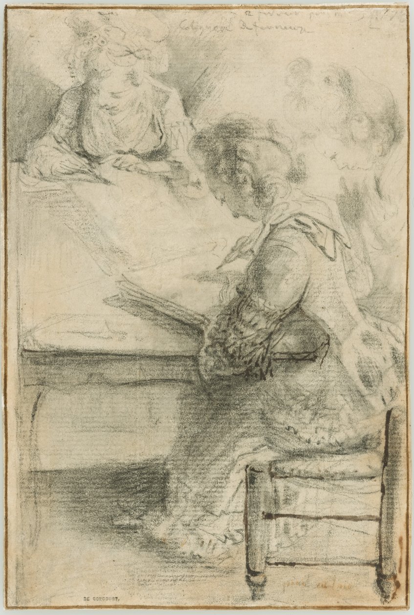 Tre unga kvinnor ritar vid ett bord av Gabriel Jacques de Saint Aubin