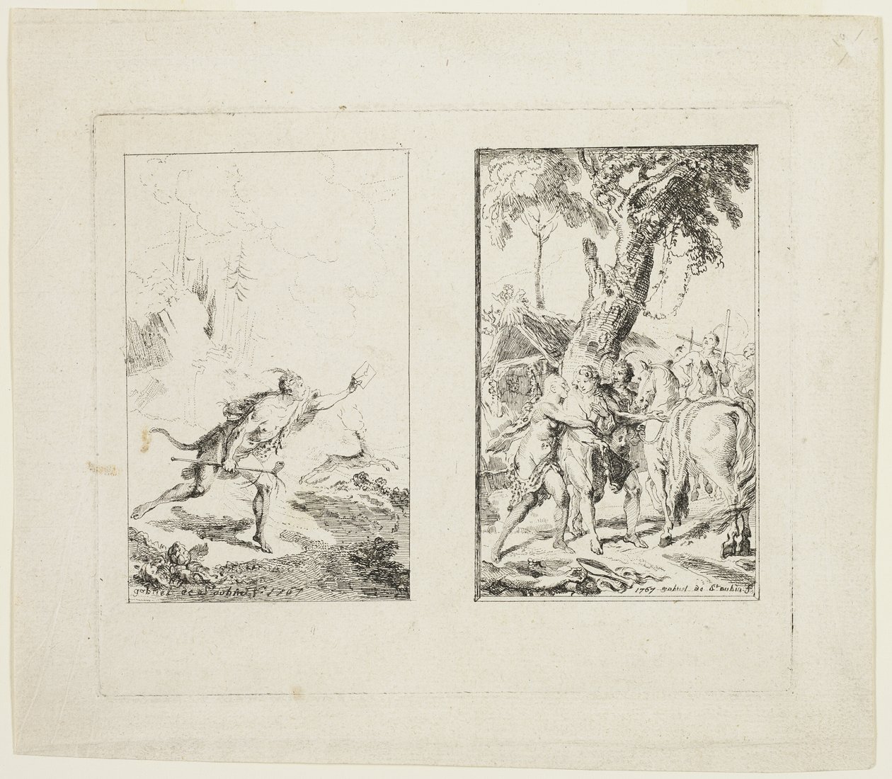 Vinjetter för "New Voyages to the West Indies" av Chevalier Bossu av Gabriel Jacques de Saint Aubin