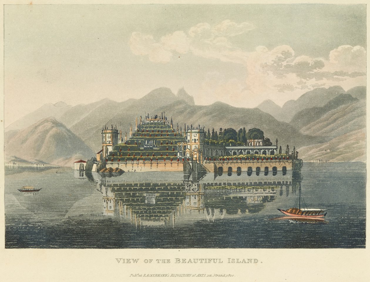 Utsikt över den vackra ön (Isola Bella, Lago Maggiore), före 1820 (akvarell över etsning och akvatint på vävt papper) av Gabriel L. and Lory Mathias G.  Lory
