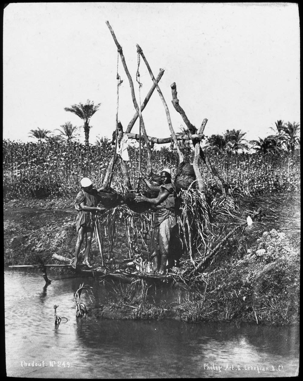 En shaduf på Nilen, Egypten, c1890 av Gabriel Lekegian