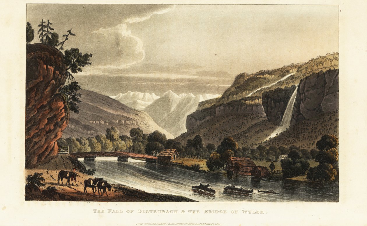Utsikt över glaciärerna; alperna; vattenfall och bro över Gadmerwasser vid Wiler; Bernese Oberland Alperna, Schweiz av Gabriel Ludwig (after) Lory