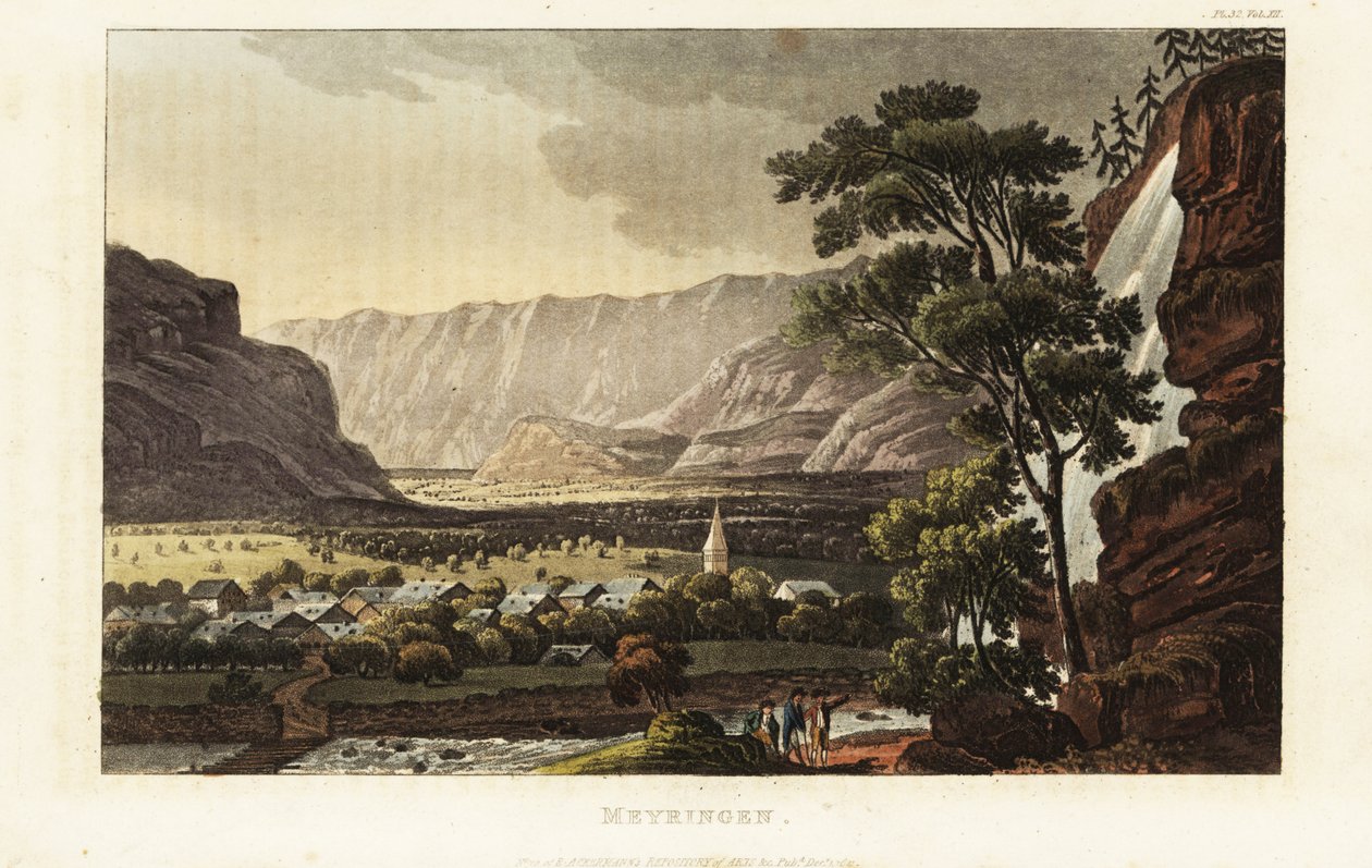 Utsikt över staden Meiringen och Reichenbachfallen, kantonen Bern, Schweiz av Gabriel Ludwig (after) Lory
