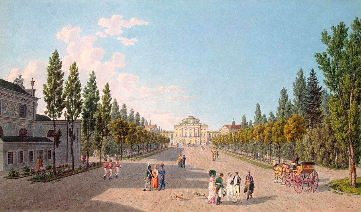 Utsikt över Pavlovskpalatset från parken, 1808. av Gabriel Ludwig Lory the Elder