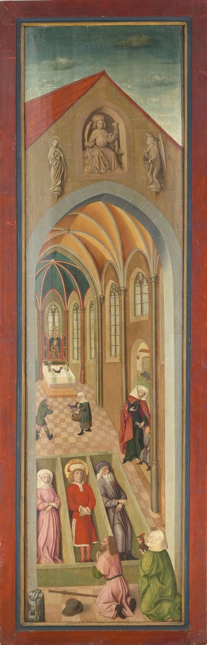 Panel av St. Vitus altaret från Tegernsee klosterkyrkan, Saints Vitus, Modestus och Kreszentia i sina kistor, dyrkade av ett par pilgrimer av Gabriel Maeleßkircher