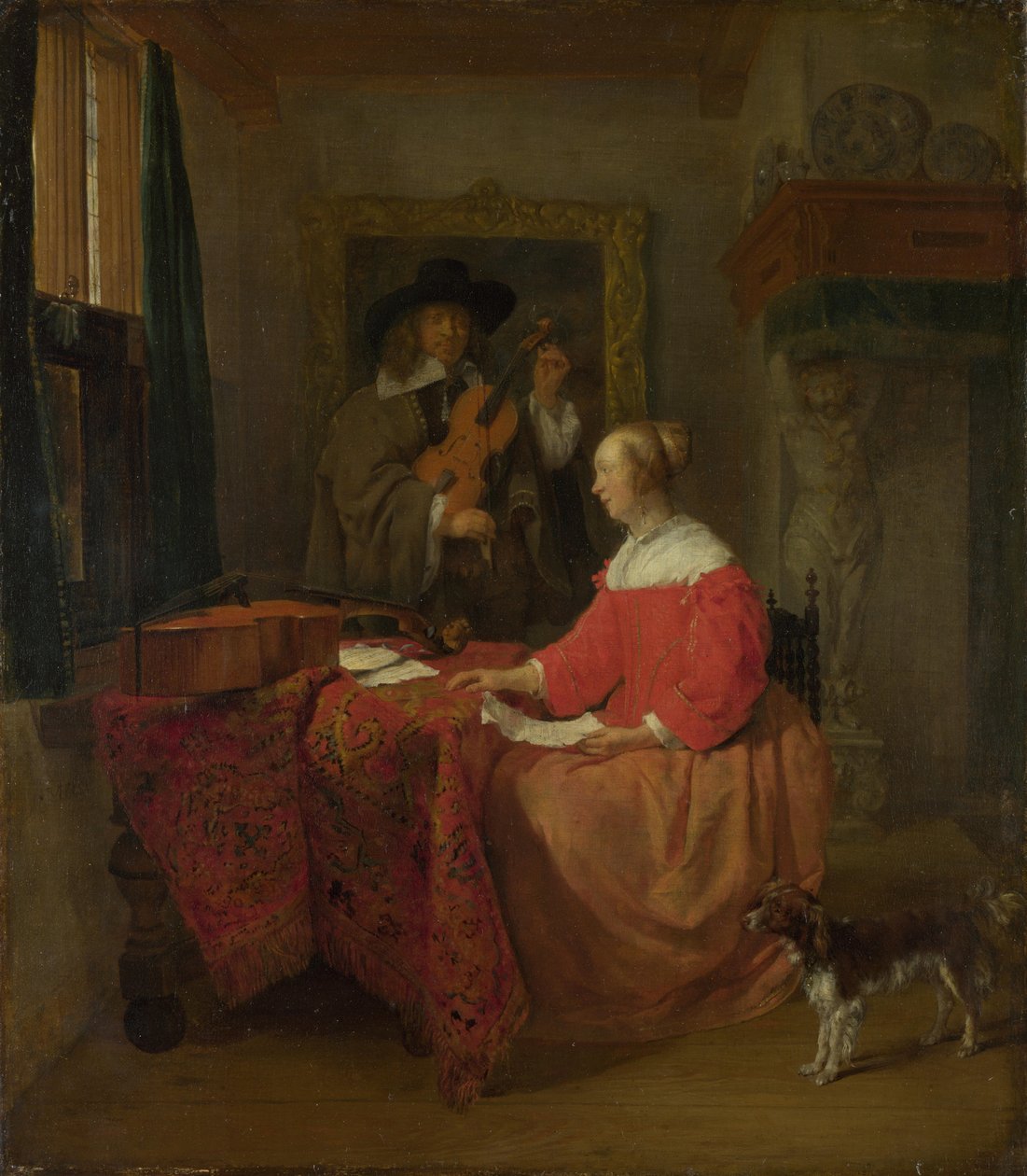 En kvinna som sitter vid ett bord och en man som stämmer en fiol, ca. 16571658 av Gabriel Metsu
