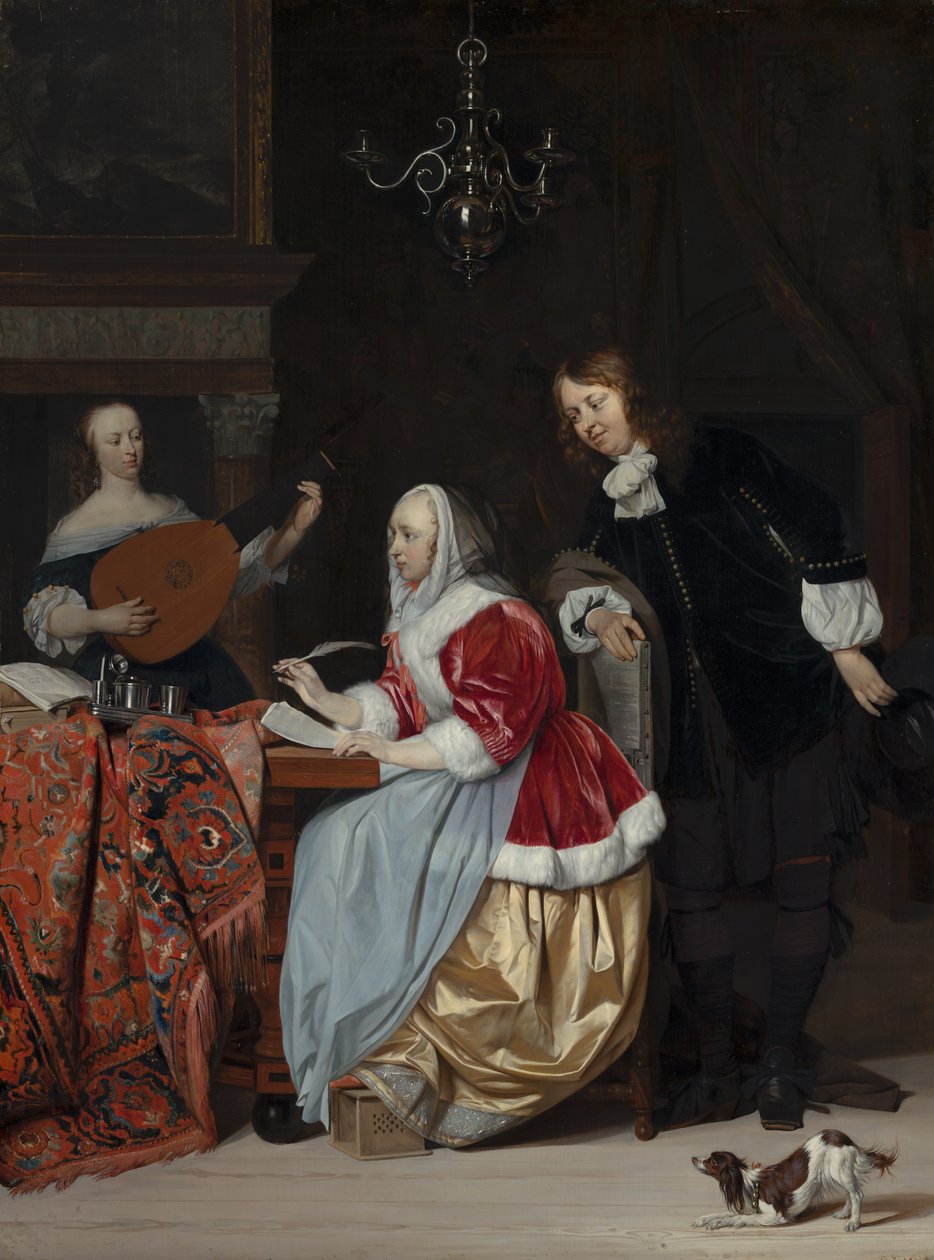 En ung kvinna som komponerar ett musikstycke av Gabriel Metsu