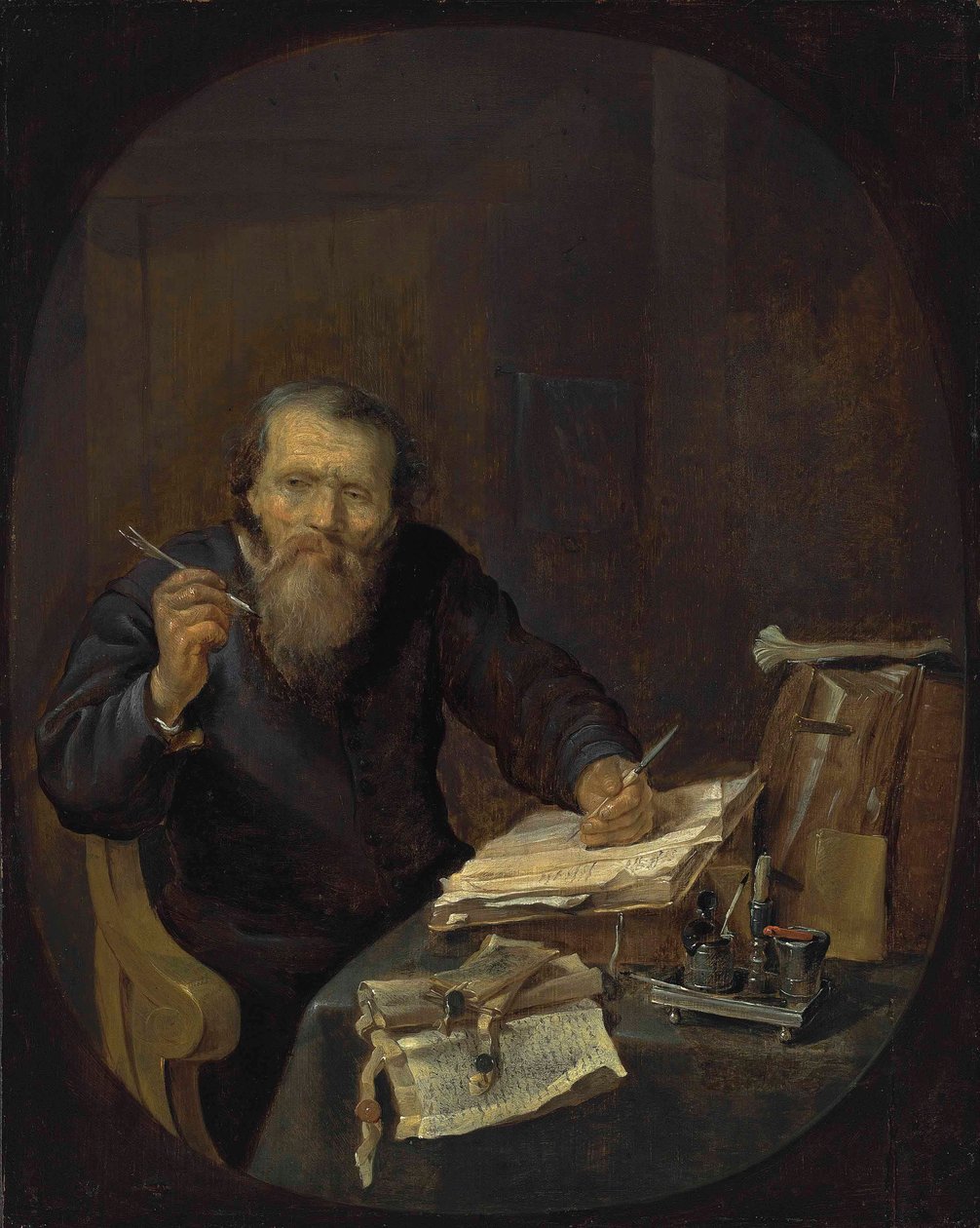En notarie vässar sin penna, i en interiör av Gabriel Metsu