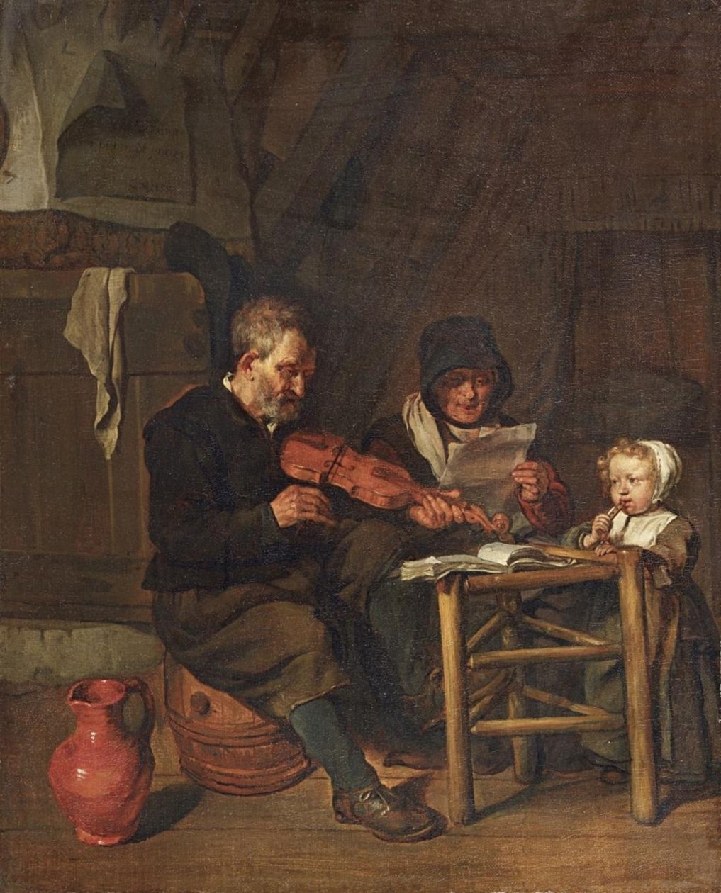 Nederländska: Soo de oude songen, soo piepen de jongen Som de gamla sjunger, så piper de unga av Gabriel Metsu