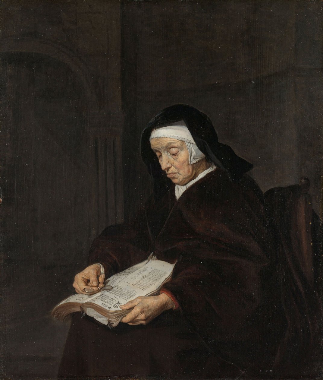 Gammal kvinna som mediterar, ca 1661-63 av Gabriel Metsu