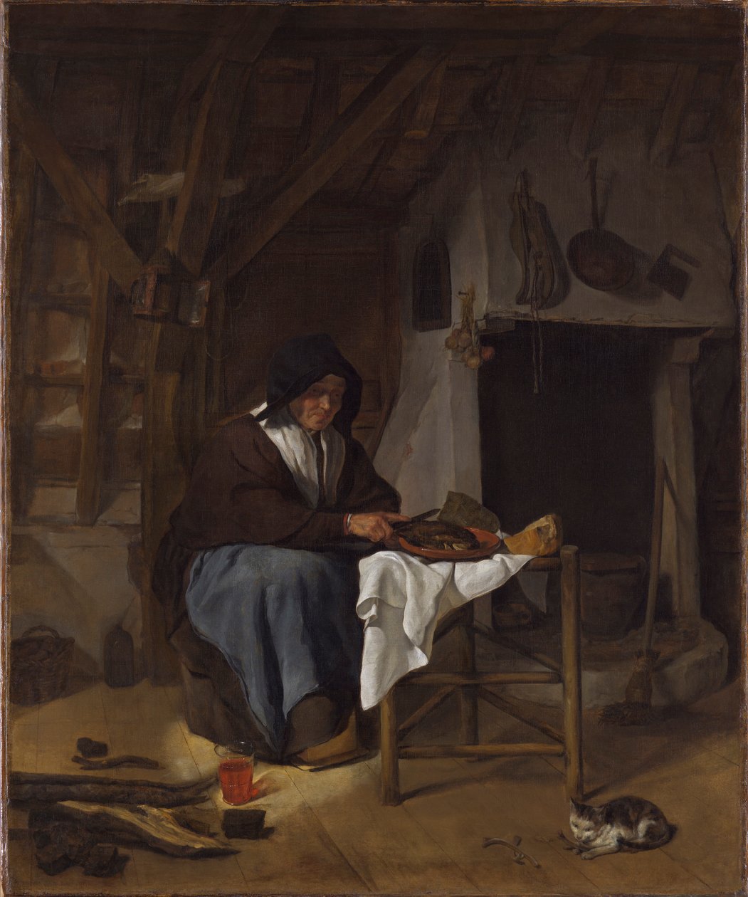 Gammal kvinna vid sin måltid i en interiör av Gabriel Metsu