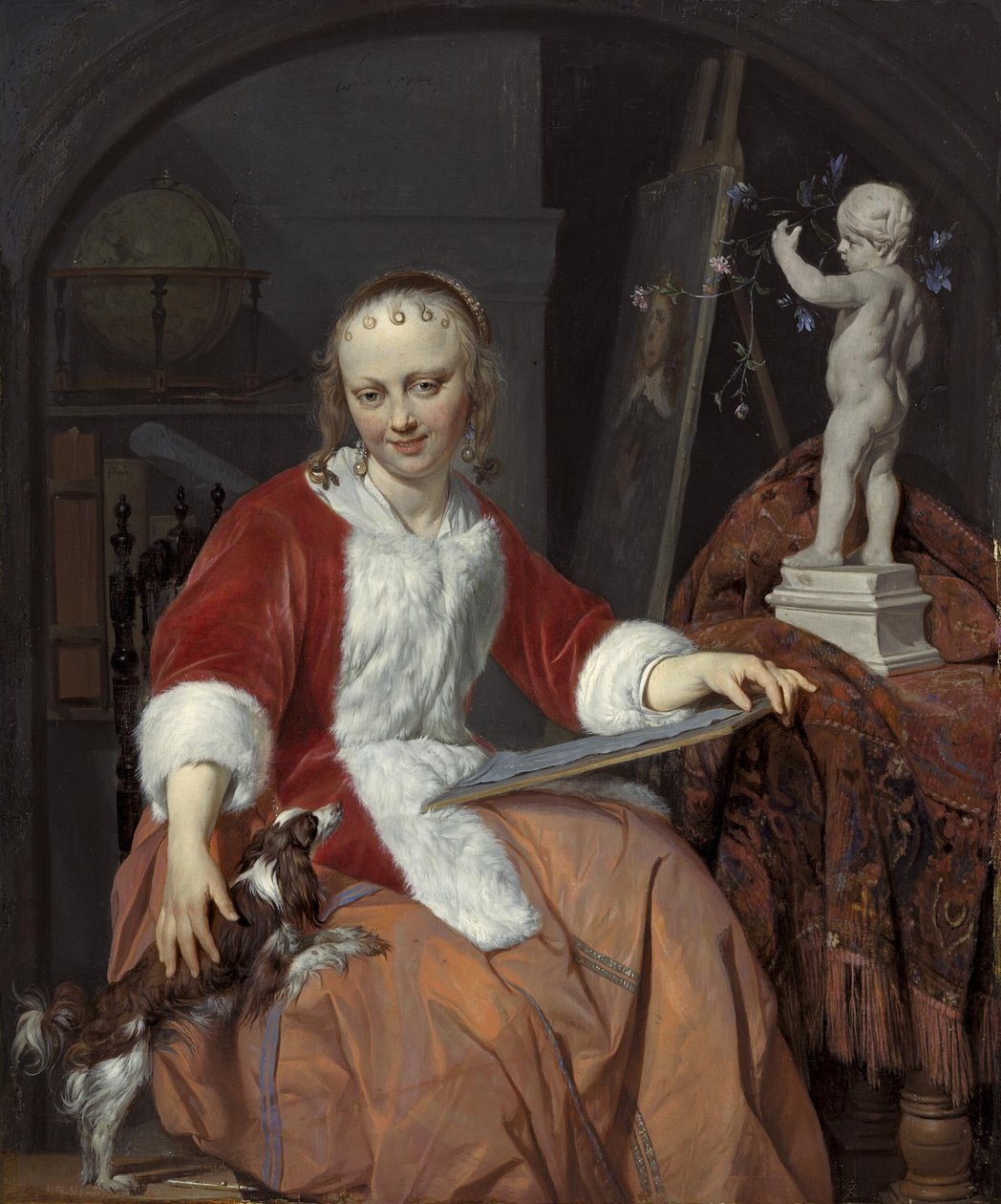 Porträtt av Isabella de Wolff (....-1718) som konstnär av Gabriel Metsu