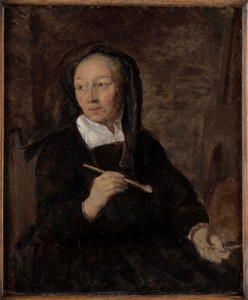 Porträtt av en kvinnlig konstnär vid sin staffli av Gabriel Metsu