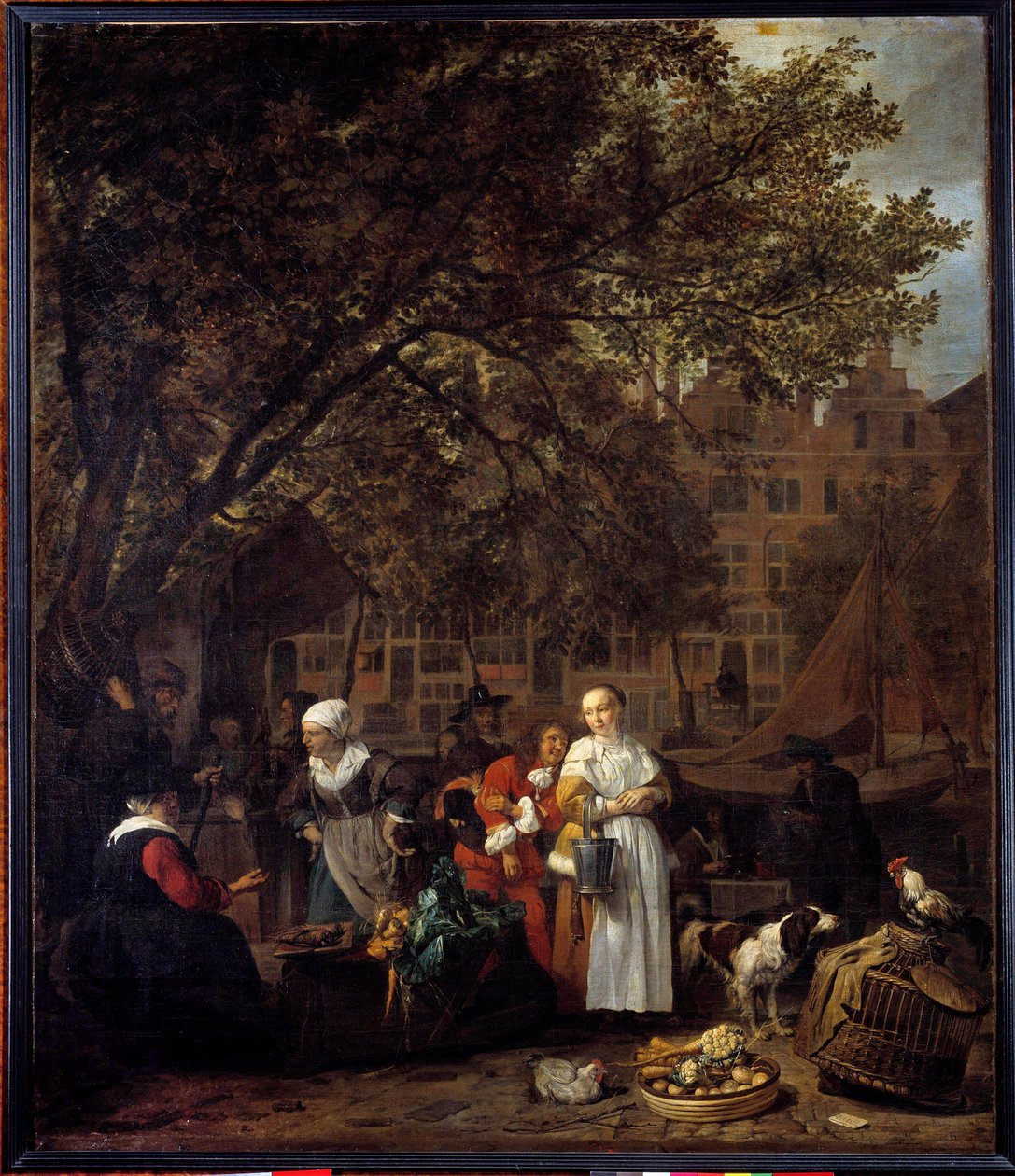 The Herb Walk of Amsterdam Målning av Gabriel Metsu (1629-1667) 1600-talets sön. 0,97x0,84 m Paris musee du Louvren av Gabriel Metsu