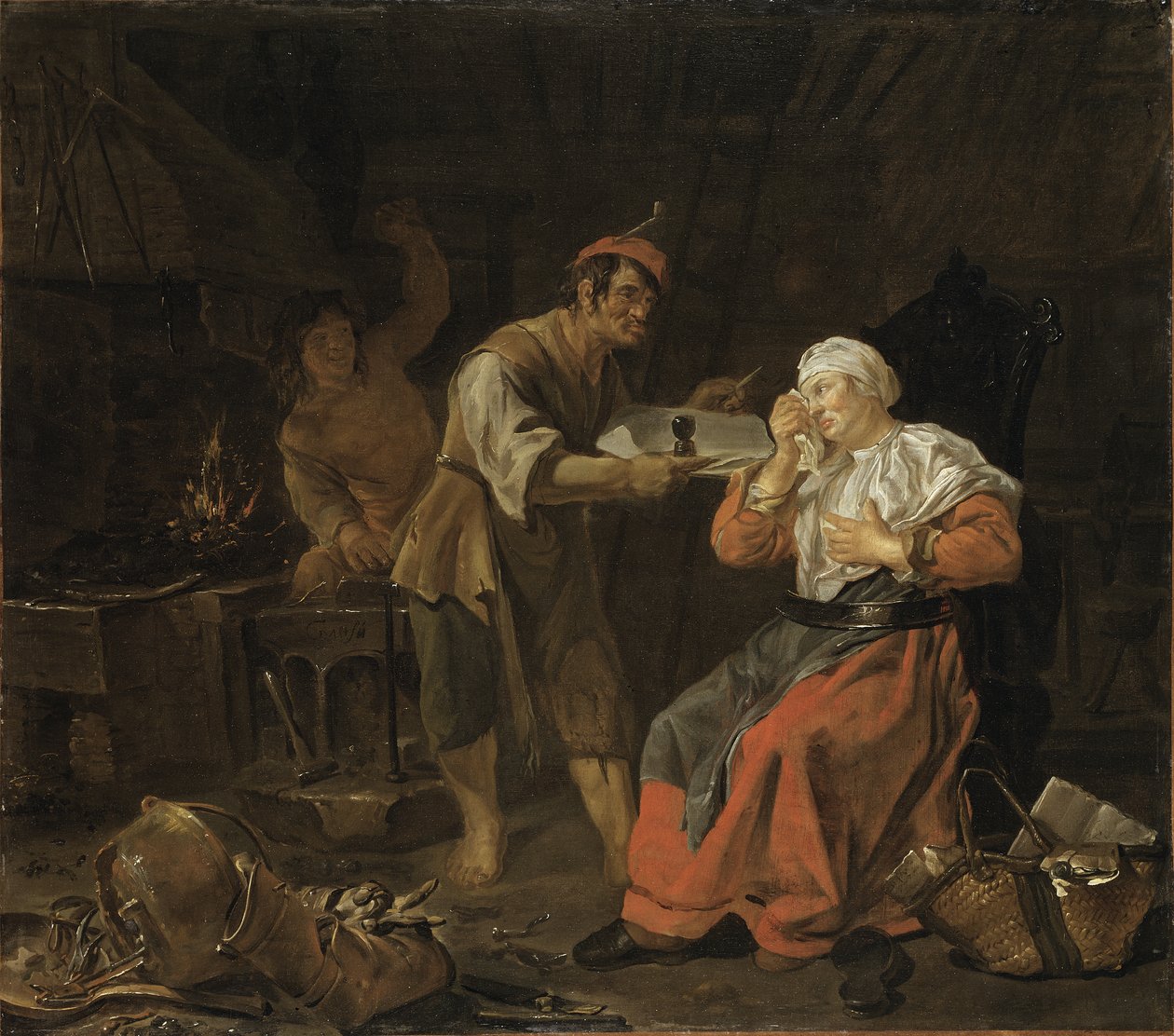 Gråtande kvinna i en smedsaffär, ca 1650 av Gabriel Metsu