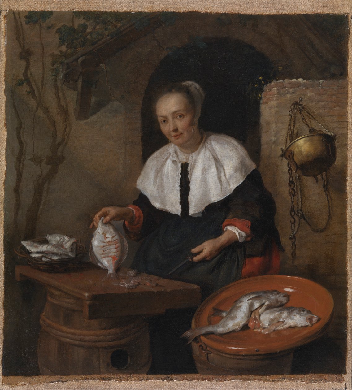 Kvinna rengör fisk av Gabriel Metsu