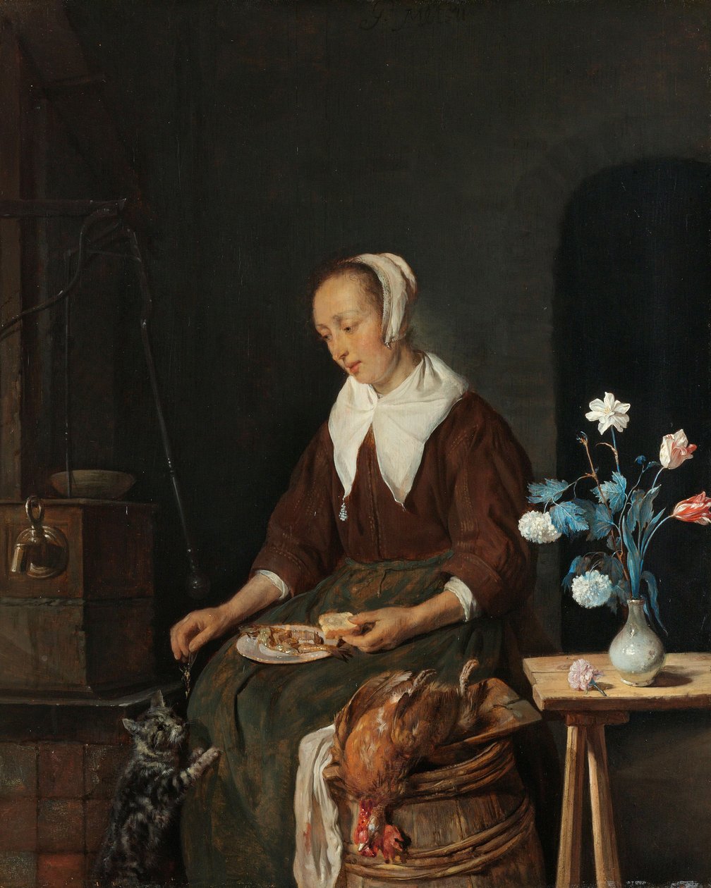 Kvinna som äter, känd som "Kattens frukost", ca 1661-64 (olja på pannå) av Gabriel Metsu
