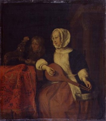 Kvinna som spelar mandolin, ca 1660-65 (olja på panel) av Gabriel Metsu