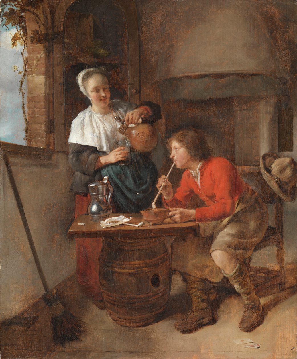 Ung man som röker och en kvinna som häller upp öl av Gabriel Metsu