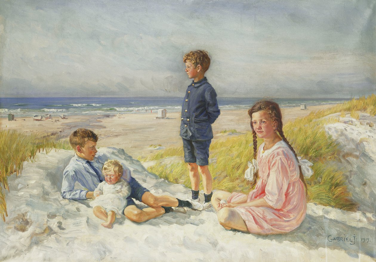 Erik, Else, Ove och Birthe Schultz på en strand av Gabriel Oluf Jensen