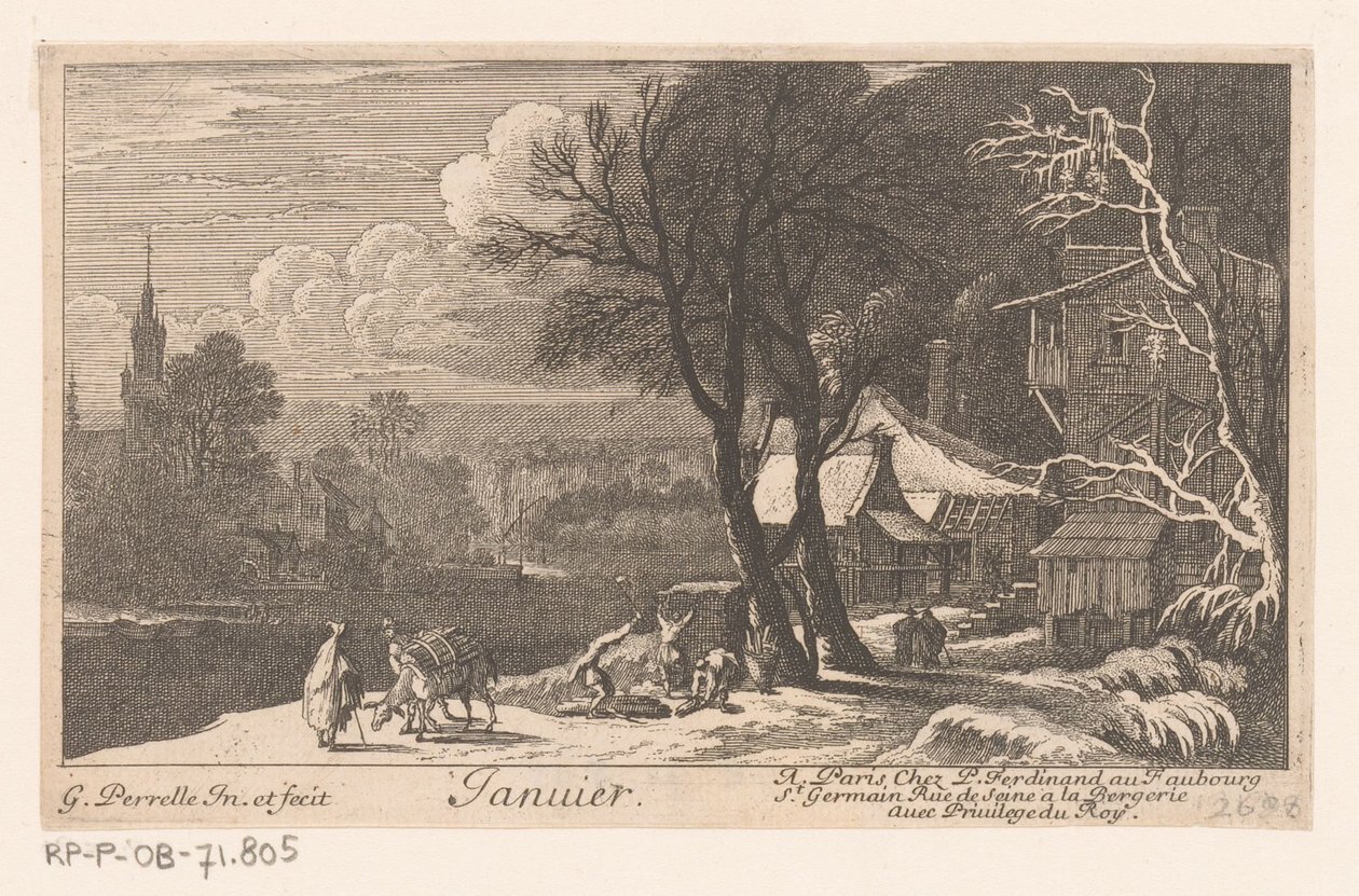 Titeltryck med landskap i januari månad Janvier (titel på objekt) Tolv månader (serietitel) av Gabriel Perelle