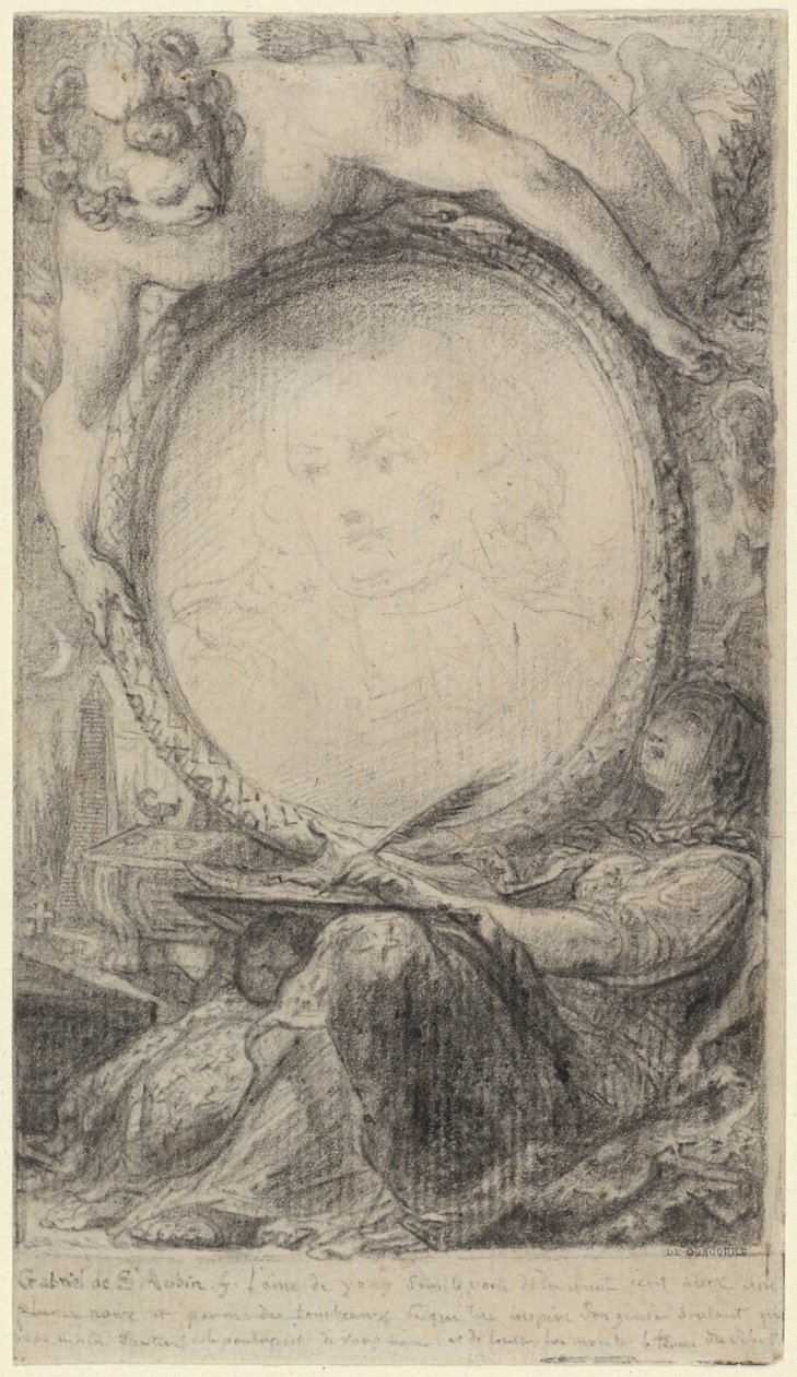 Allegorisk ram med ett geni och en beslöjad kvinna som skriver, ca 1769 (svart krita på papper) av Gabriel de Saint-Aubin