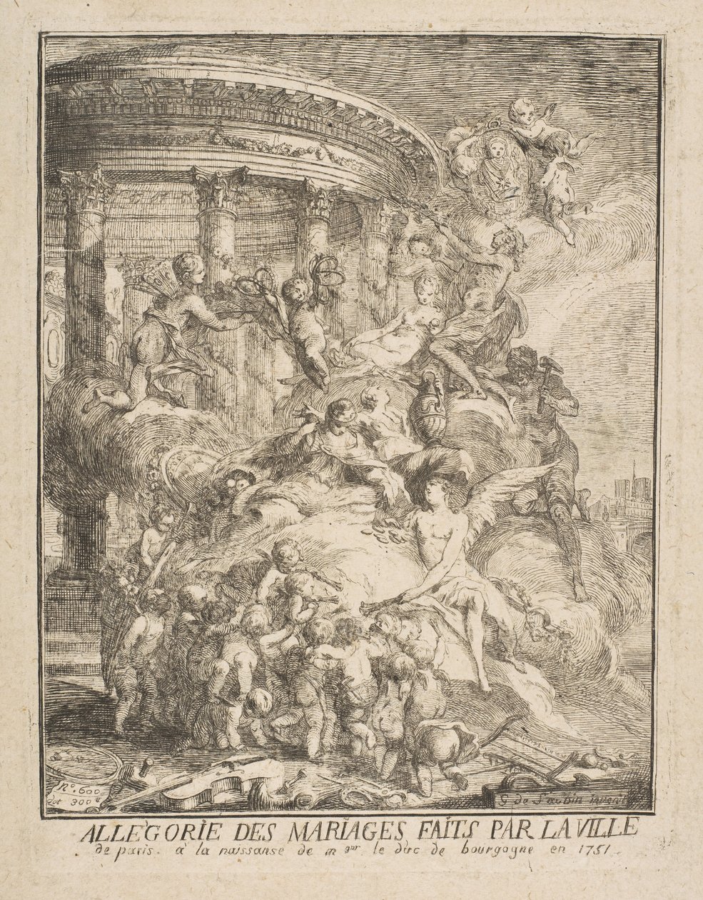 Allegori över äktenskap som gjordes av staden Paris vid födelsen av hertigen av Bourgogne, 1752. av Gabriel de Saint Aubin