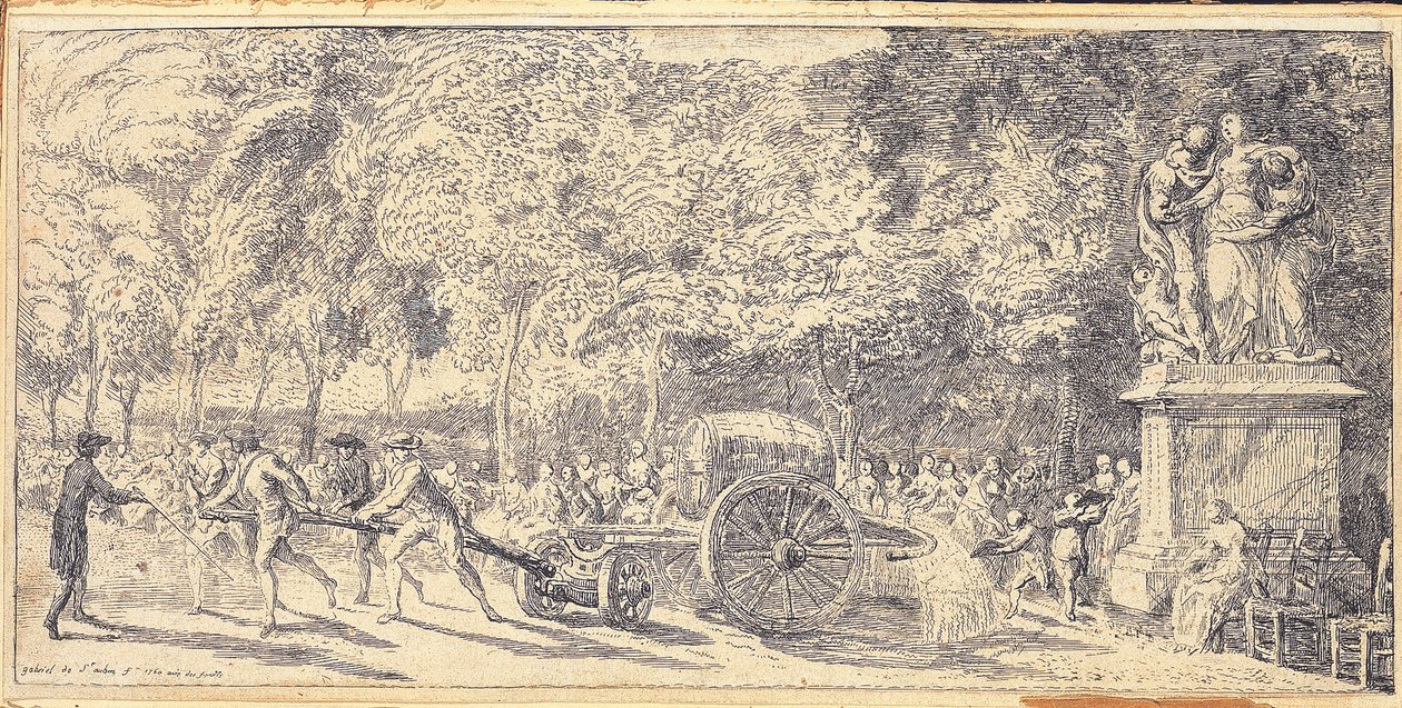 Figurer som drar en tunna på en vagn i Tuilerierna, 1760 av Gabriel de Saint Aubin