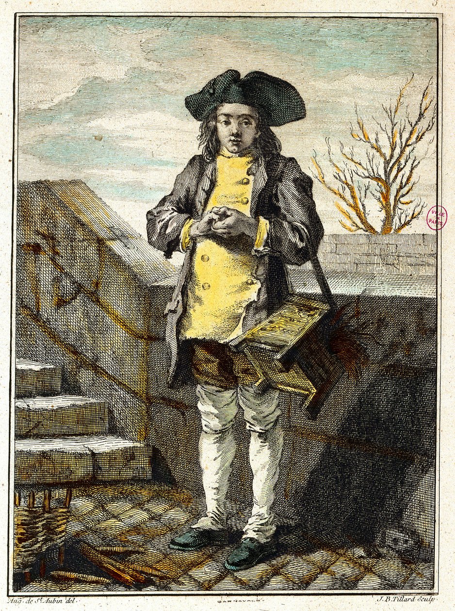 Gamla metier: skoputsaren eller skoputsaren. Gravyr av Gabriel de Saint Aubin (1724-1780) Paris musee Carnavalet från 1700-talet av Gabriel de Saint Aubin