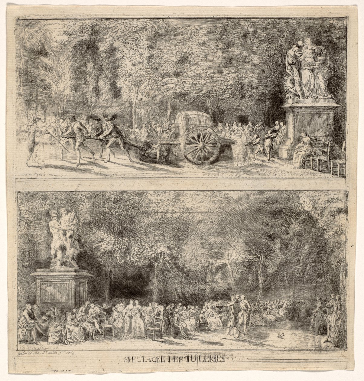 Scener från Tuilerierna: Stolarna och vattenvagnen, 1760, retuscherad 1763 av Gabriel de Saint Aubin