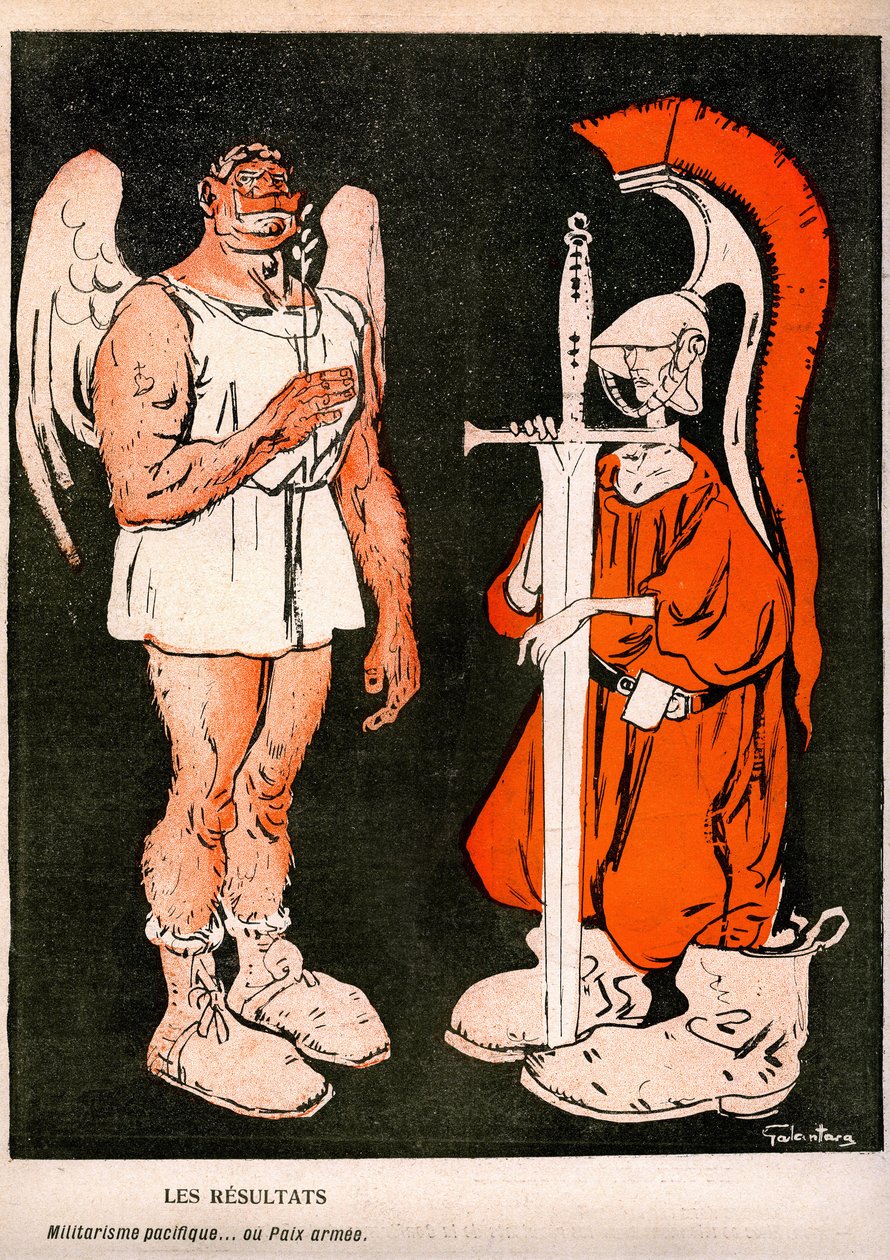 Krig och fred. Allegorie (tecknad) av Gabriele Galantara (1867-1937) på sista omslaget till den franska satirtidningen "" L