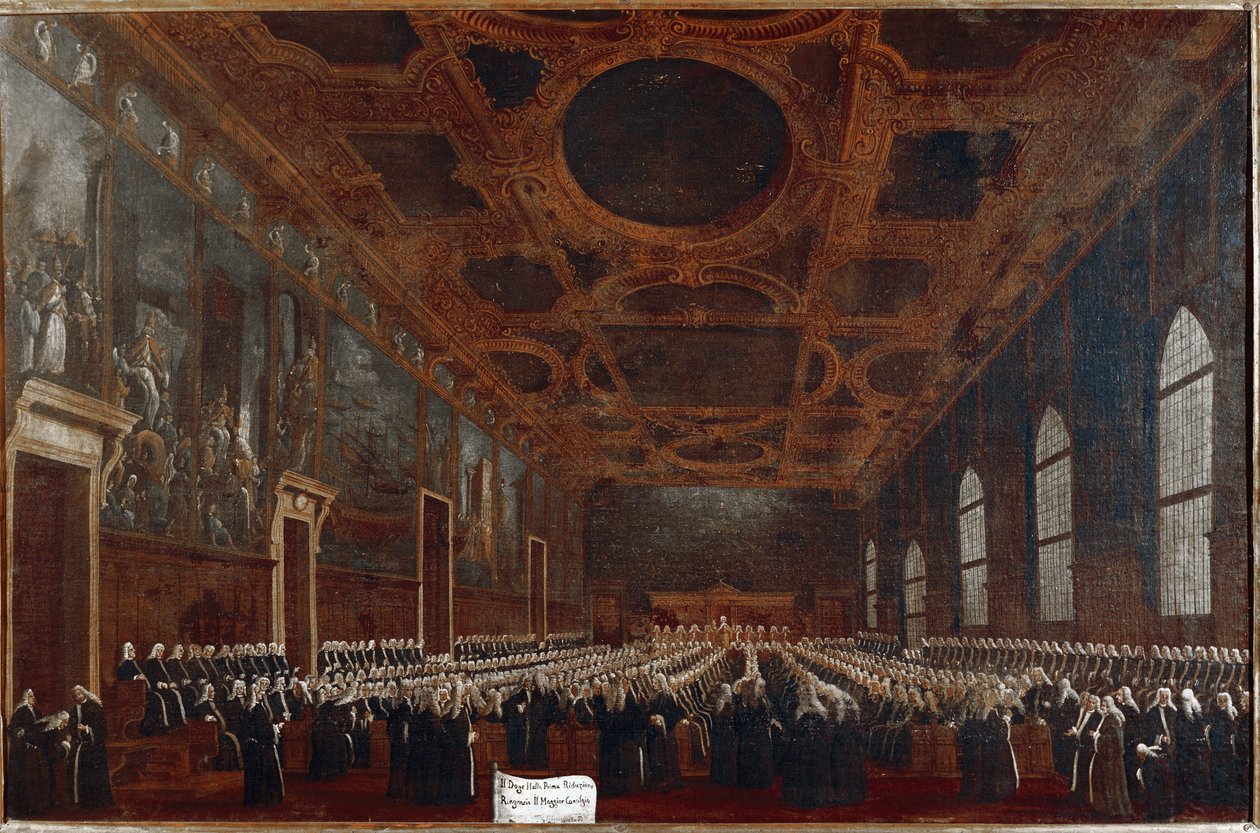 Första audiens av Doge of Venice inför Grand Council (olja på duk av Gabriele Bella