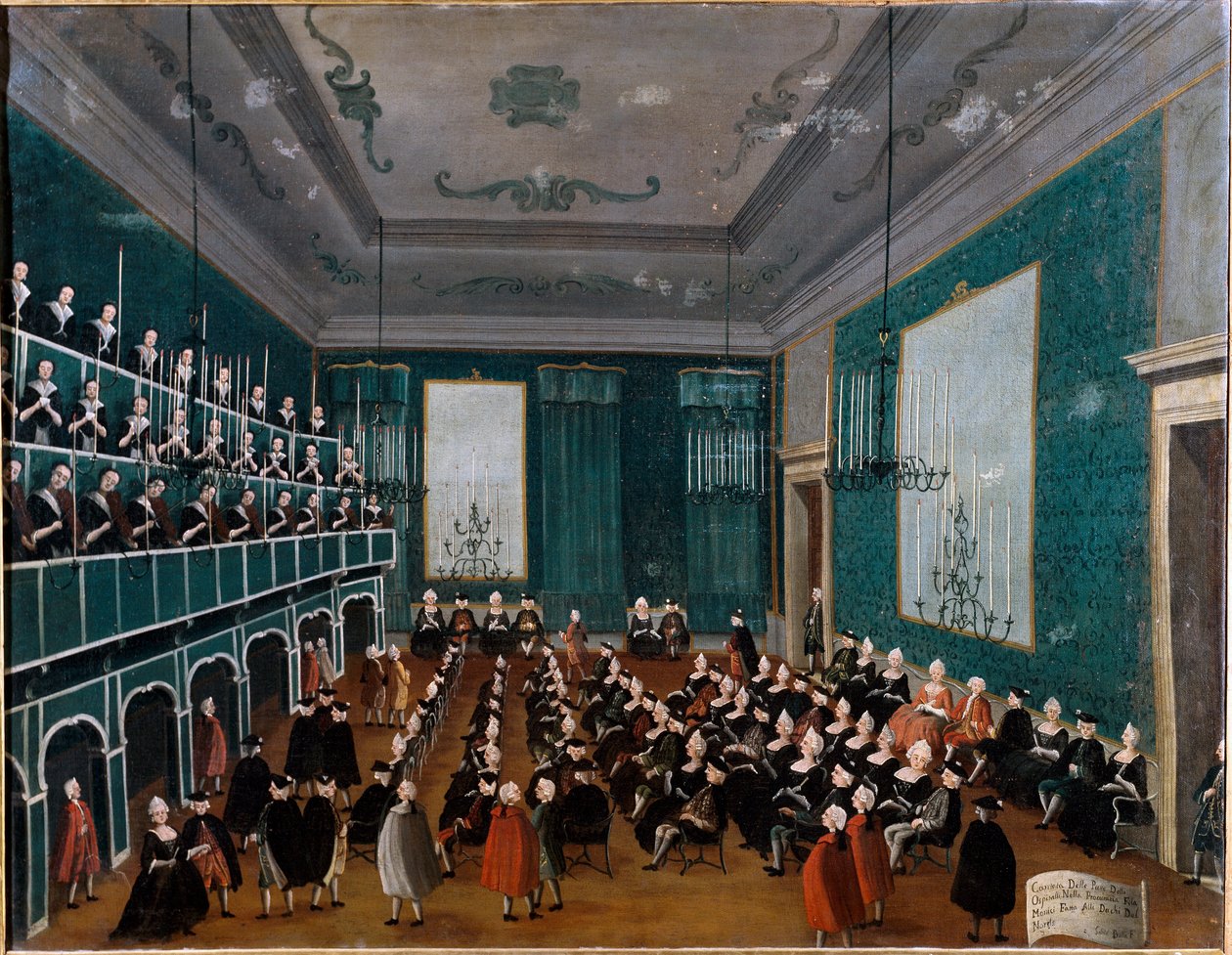 Cantata delle putte från Ospitali-gruppen av föräldralösa barn som samlats in på Venedigs sjukhus och som ingår i körer på Antonio Vivaldis tid. Målning av Gabriel Bella (1730-1799) Palazzo Querini Stampalia från 1700-talet i Venedig av Gabriele Bella