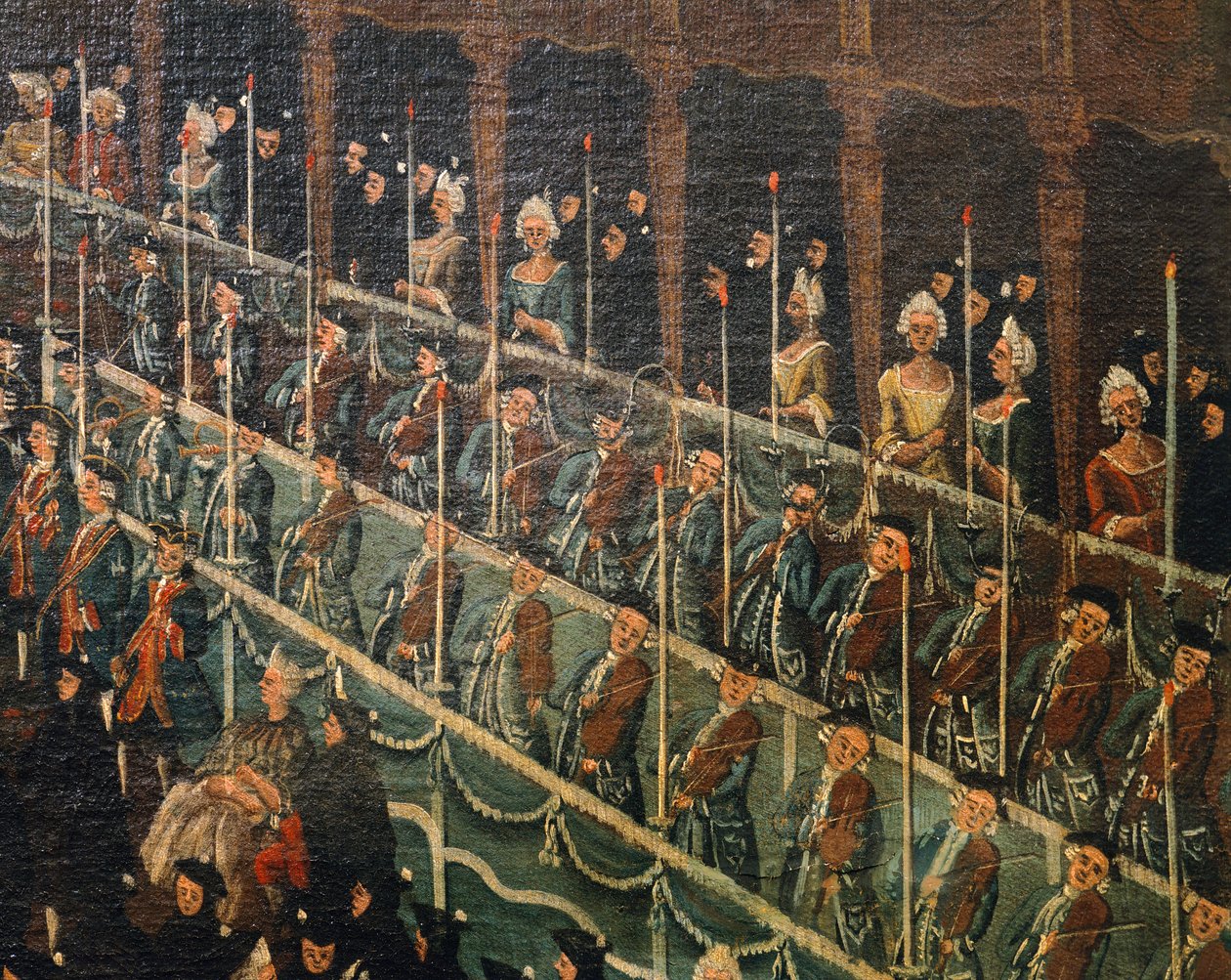 Musiker, detalj från Lunch på San Benito-teatern som erbjuds av Doge för att hedra furstarna i norr, Venedig, av Gabriel Bella (1730-1799), Olja på duk av Gabriele Bella