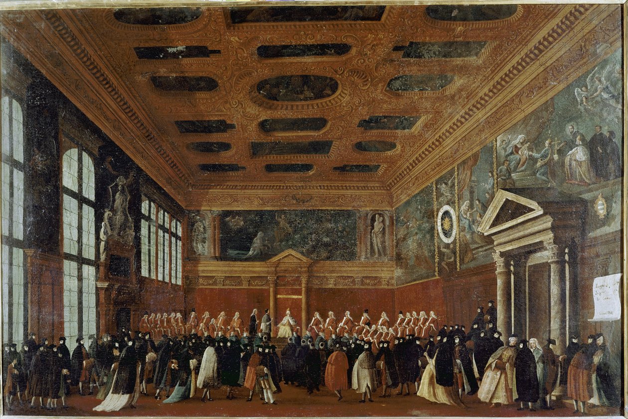 Reception of ambassadors at the Collegio (Venedig, reception of an ambassador at the Collegio) - Målning av Gabriele Bella (ca 1730-1799), olja på duk, 99x150 cm. Venedig, Querini Stampalia Foundation av Gabriele Bella