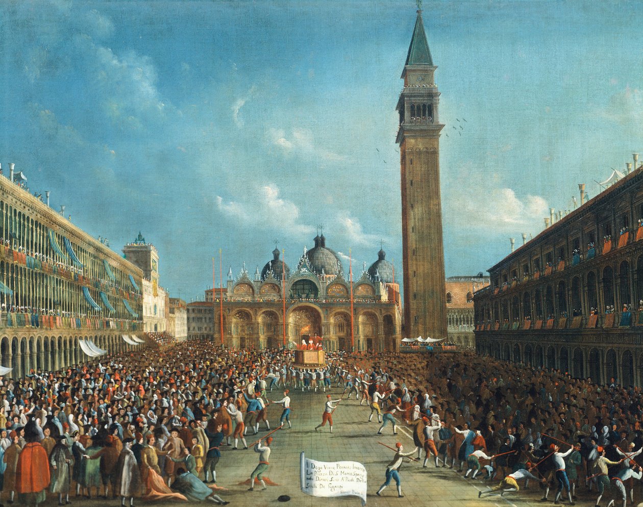 Dogen bärs triumferande och sprider pengar på Piazza San Marco (Markusplatsen) av Gabriele Bella