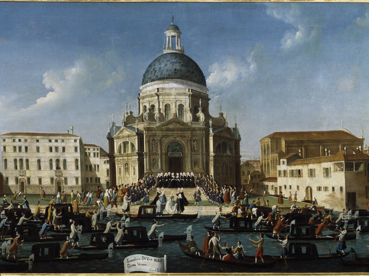 Bröllopet av en adlig dam i Santa Maria della Salute (Marriage of a noble lady in Venedig i Santa Maria della Salute) - Målning av Gabriele Bella (ca 1730-1799), 94x148 cm. Venedig, Querini Stampalia Foundation av Gabriele Bella