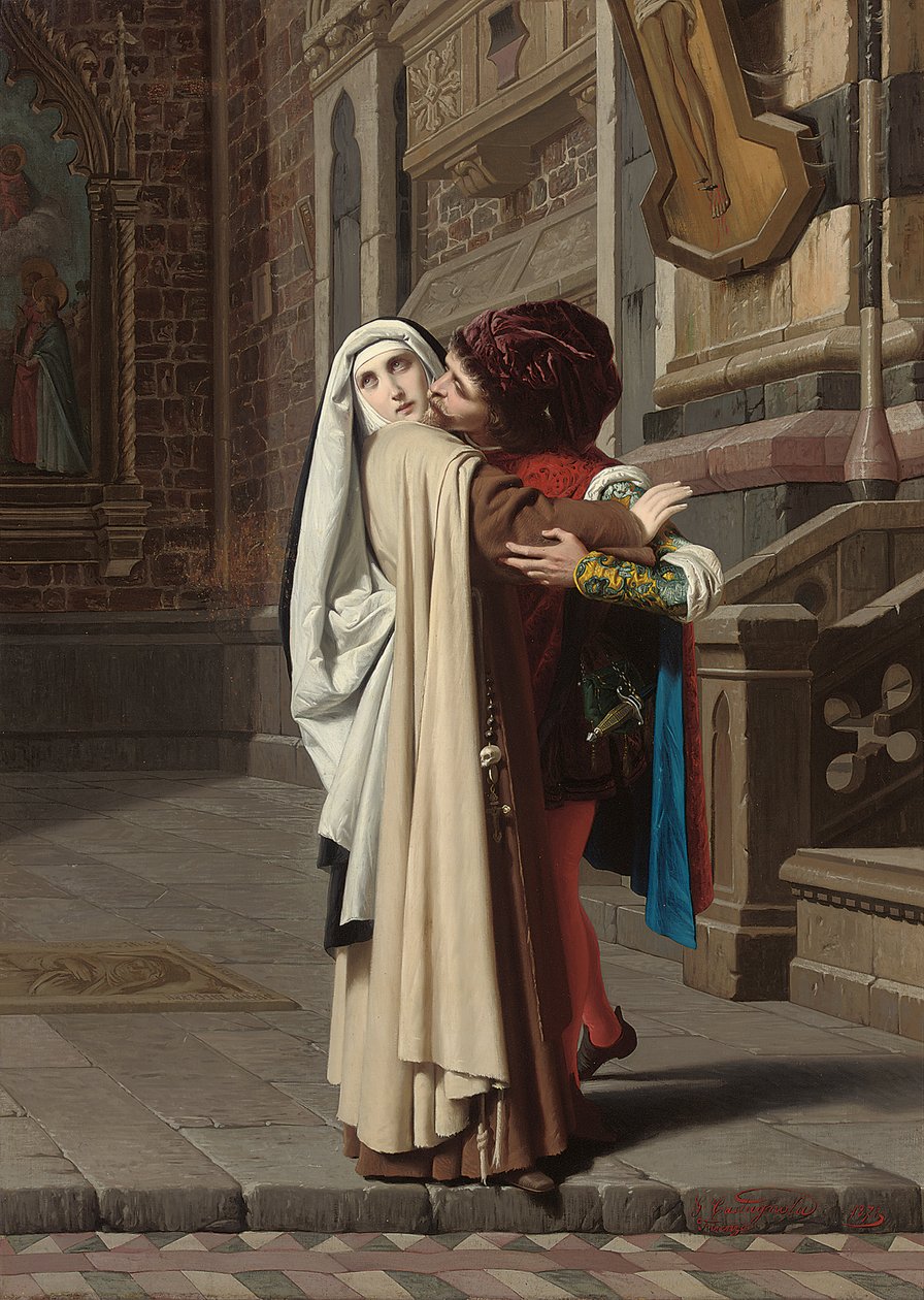 Fra Filippo Lippis och Lucrezia Butis omfamning, 1871 av Gabriele Castagnola