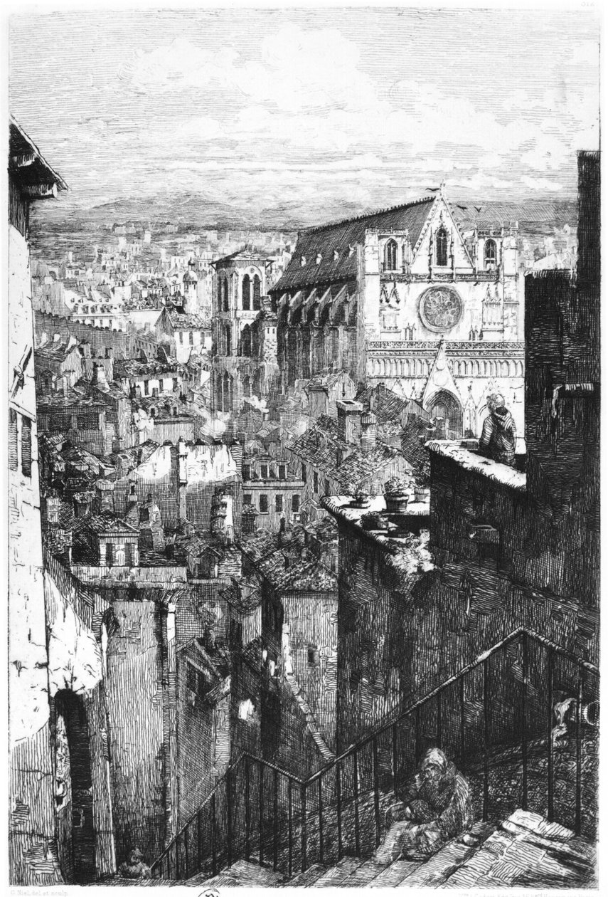 Utsikt över Saint-Jean-kyrkan, Lyon, mitten av 1800-talet (bw foto) av Gabrielle Marie Niel
