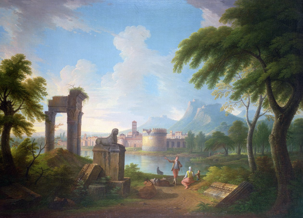 Bergigt flodlandskap med Cecilia Metellas grav och Campanile of Campovaccino, 1752 (olja på duk nedlagd på masonit) av Gabrielle Ricciardelli