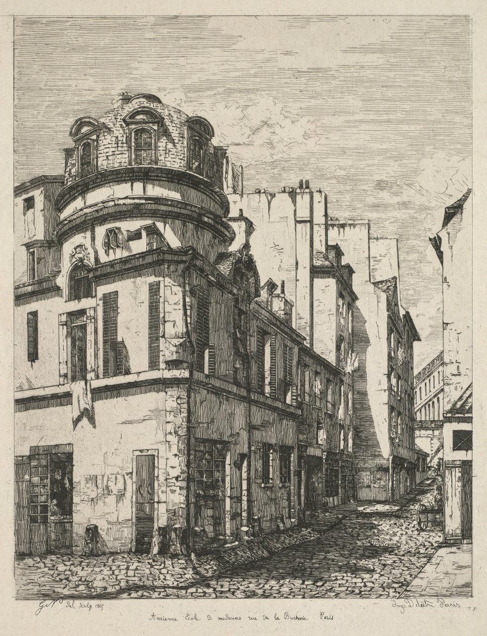 Etsningar på Gamla Paris: Tidigare läkarskola rue de la Bûcherie..., 1865. av Gabrielle Marie Niel