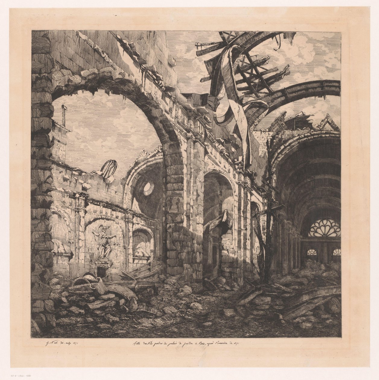 Ruïne van de Salle des Pas Perdus i Paris med skåpbil 1871 Salle des pas perdus i Palais de Justice i Paris efter branden 1871 (titel på objektet) av Gabrielle Marie Niel