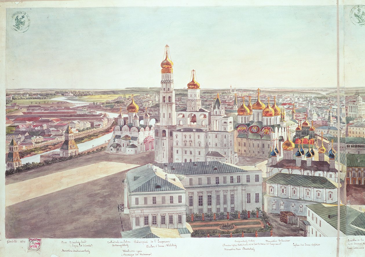 Panorama över Moskva, detalj av Kremls katedraler, 1819 (se 170140-170146) av Gadolle