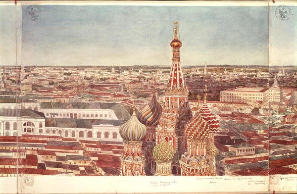 Panorama över Moskva, föreställande St. Basil-katedralen, 1819 (wc på papper) (se 170139-170146) av Gadolle