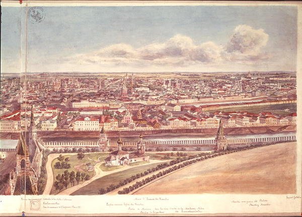 Panorama över Moskva, föreställande Kremls murar och Moskvafloden, 1819 (wc på papper) (se 170139-170145) av Gadolle