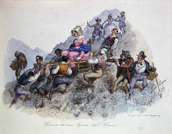 En turist på väg ner från Vesuvius, ca 1830 (färg litho) av Gaetano (after) Dura
