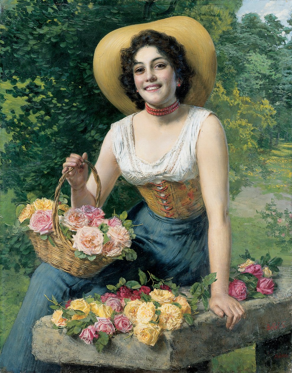 En skönhet som håller en korg med rosor av Gaetano Bellei
