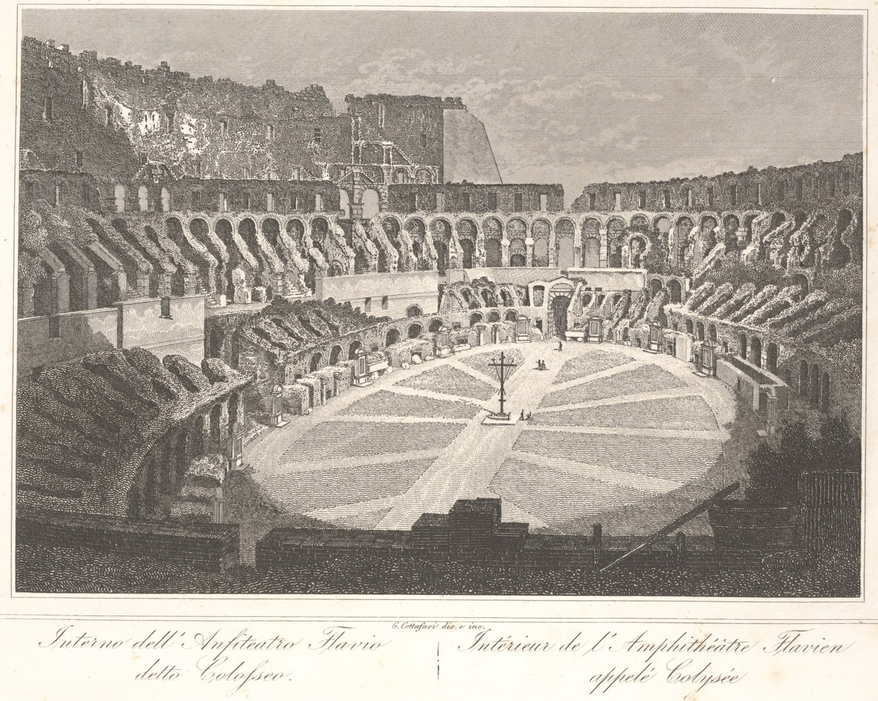 Inne i den flaviska amfiteatern som heter Colosseum av Gaetano Cottafavi